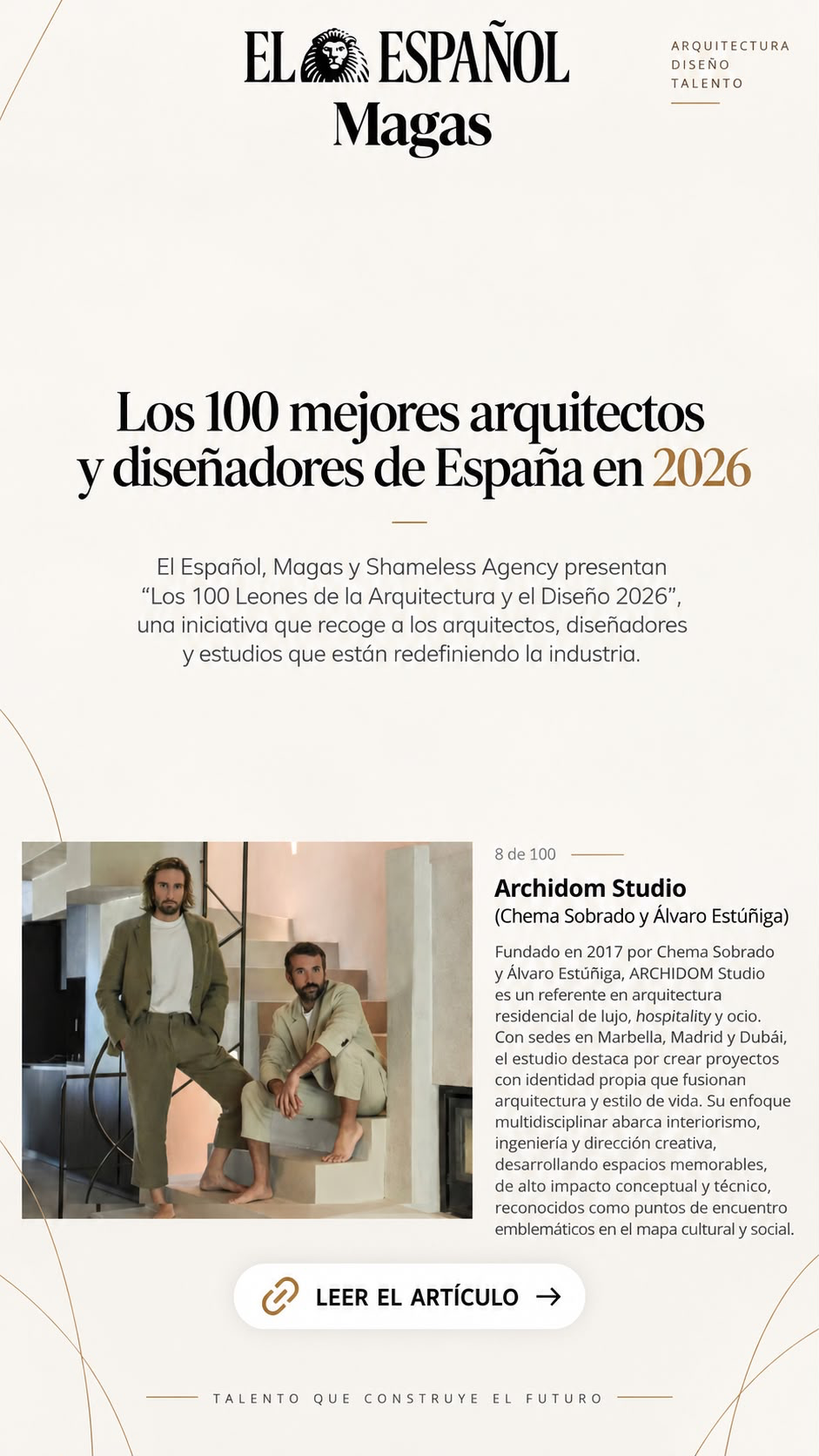 Archidom Studio, número 8 de 100, en el reportaje de El Español y Magas sobre los 100 mejores arquitectos y diseñadores de España en 2026