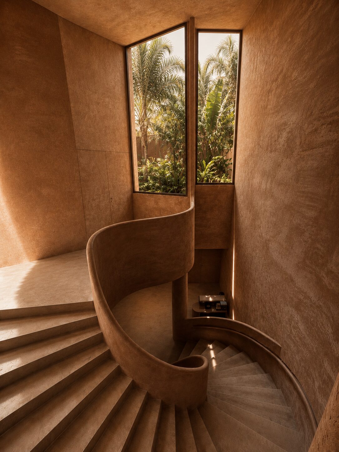 Sculptural curved staircase at Bro Club in Málaga, with tall windows onto a tropical garden and terracotta-textured walls