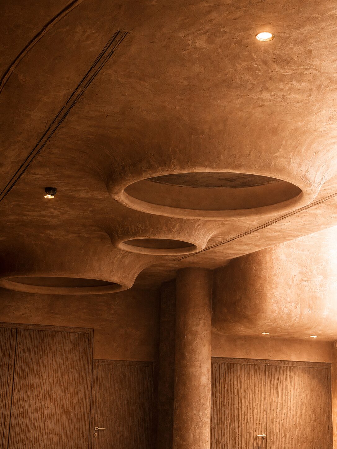 Organic ceiling at Bro Club with circular skylights, a column and textured timber doors