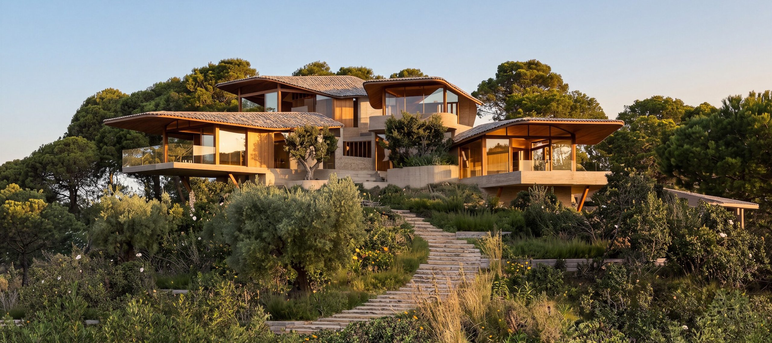 Vista aérea de Silva Hotel Retreat: conjunto escalonado con cubiertas ajardinadas, piscina infinita y bosque alrededor