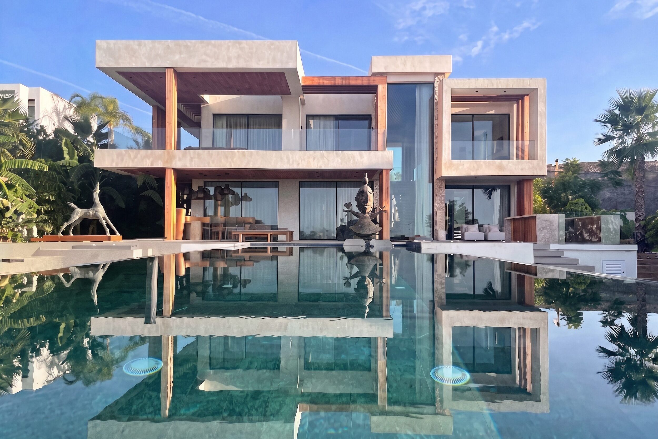 贝纳阿维斯 Los Flamingos 的 Villa Bond 08：完整立面、无边泳池倒影与雕塑 · Archidom Studio