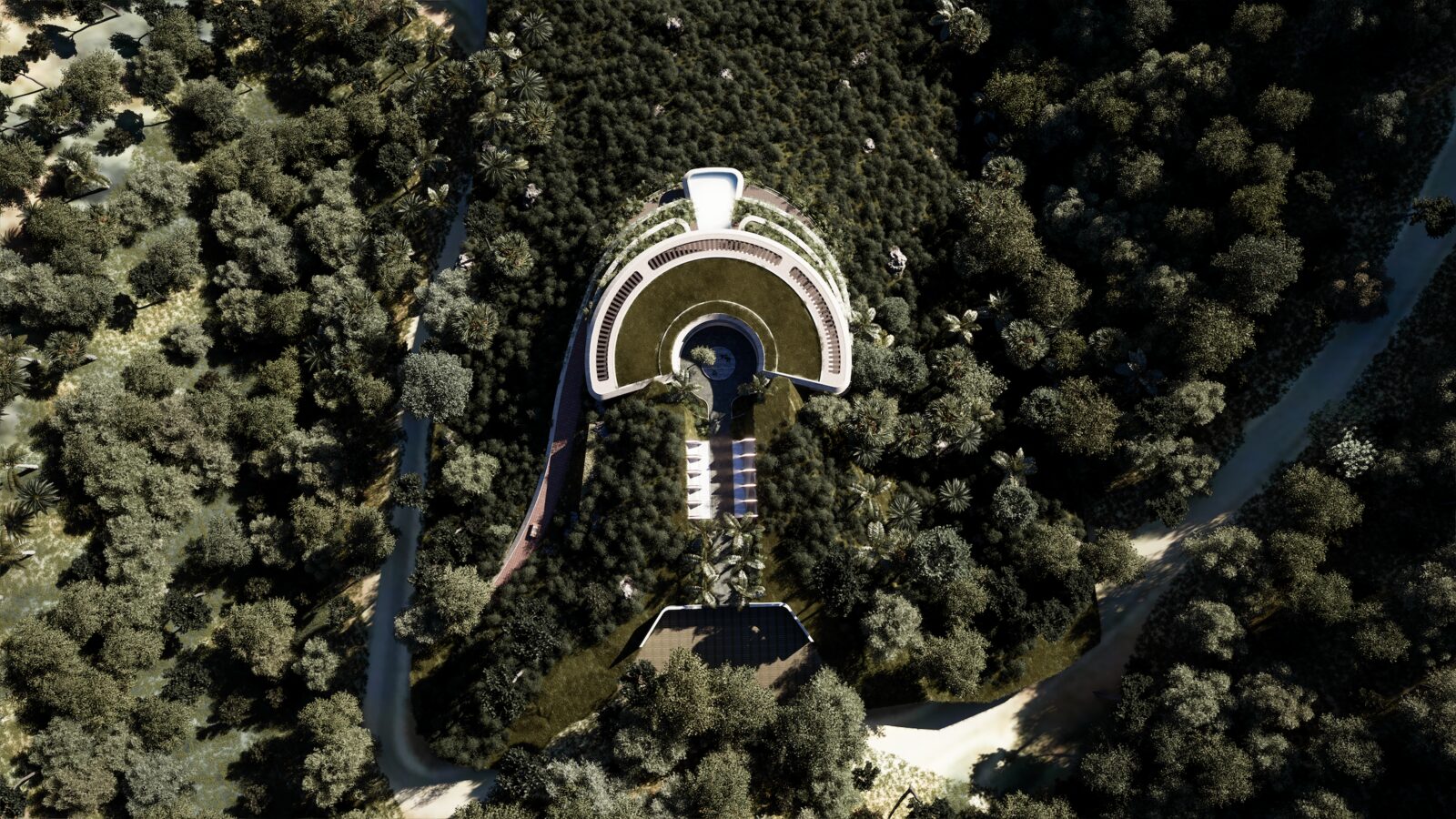 Vista cenital de Villa Horizonte con su planta en forma de herradura, cubierta ajardinada y patio central