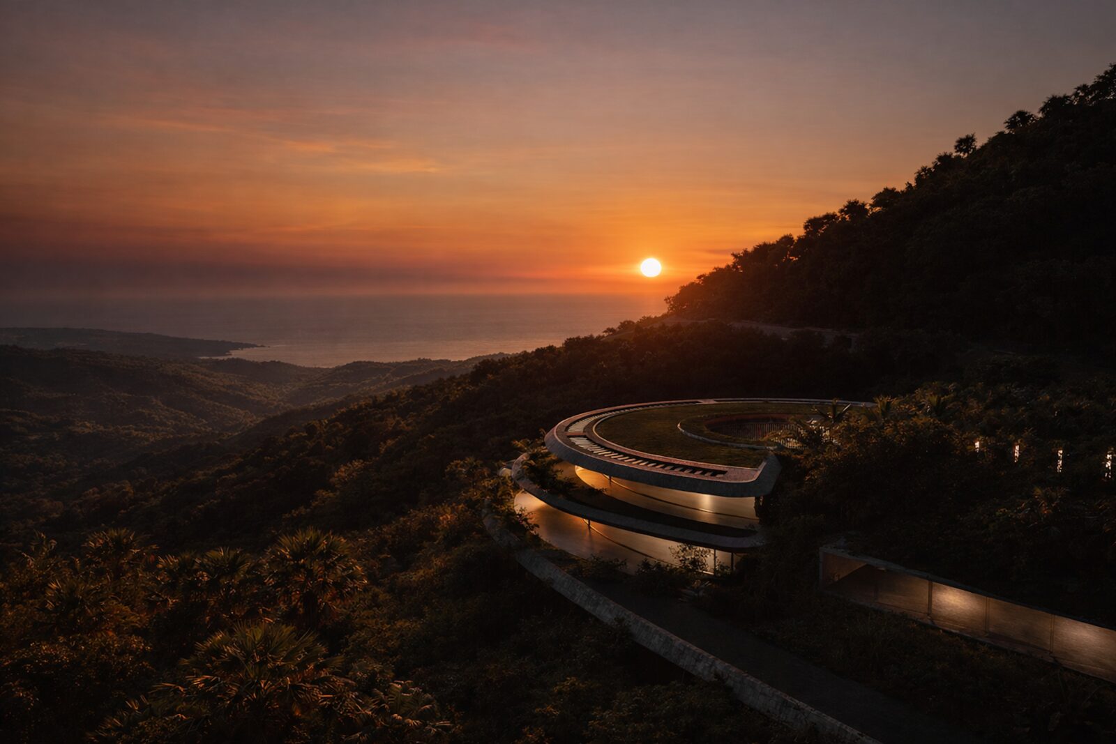 Puesta de sol sobre el mar con Villa Horizonte iluminada en la ladera, entre la vegetación