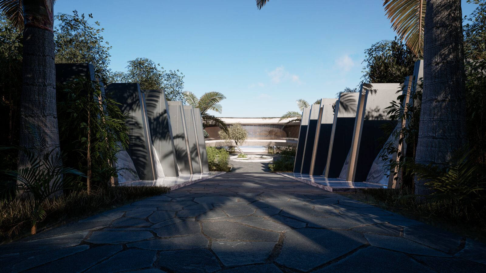 Acceso a Villa Horizonte entre muros inclinados y palmeras, con pavimento de piedra que conduce al patio