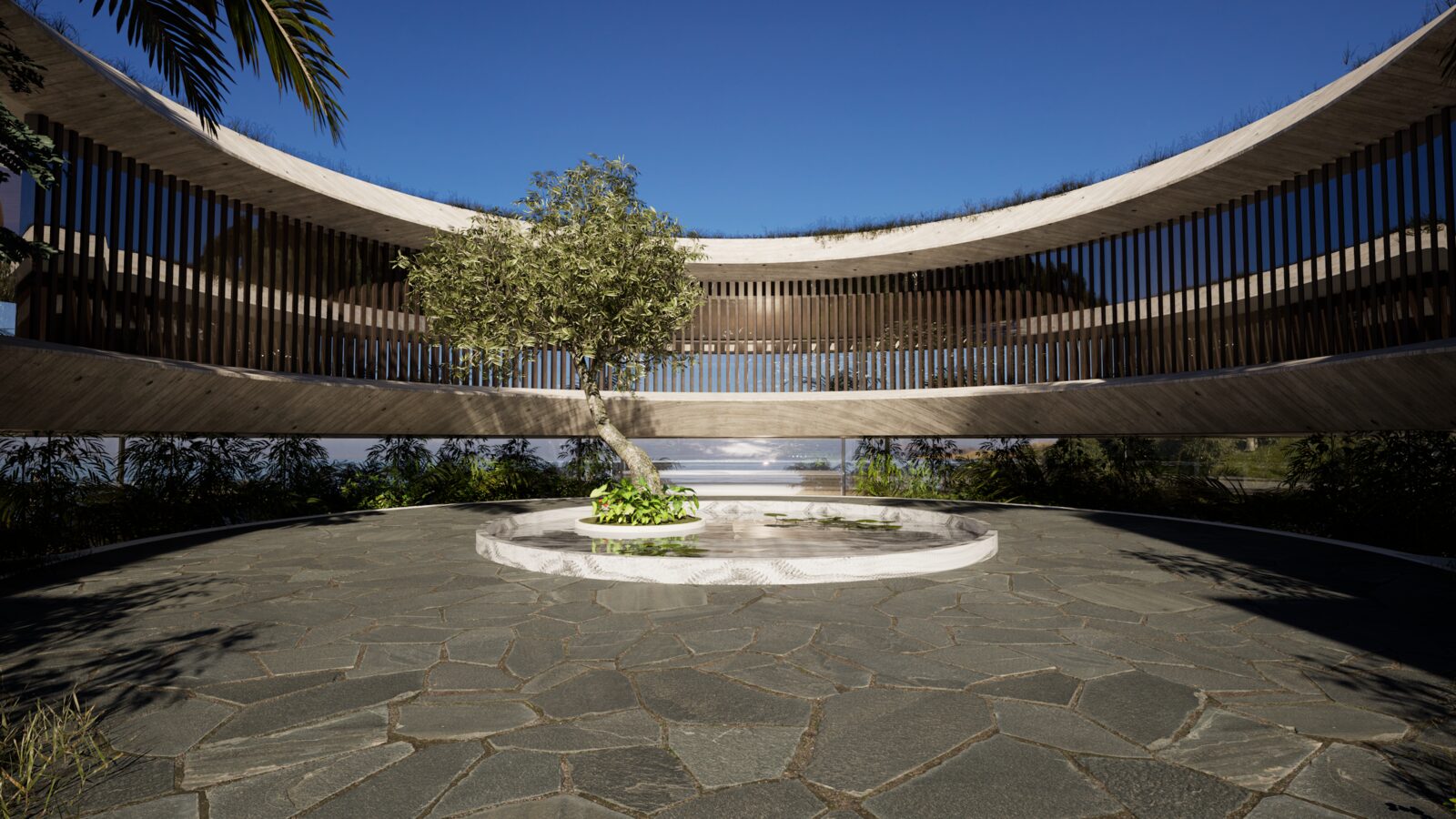 Patio circular de Villa Horizonte con un olivo en el estanque central bajo las lamas de madera