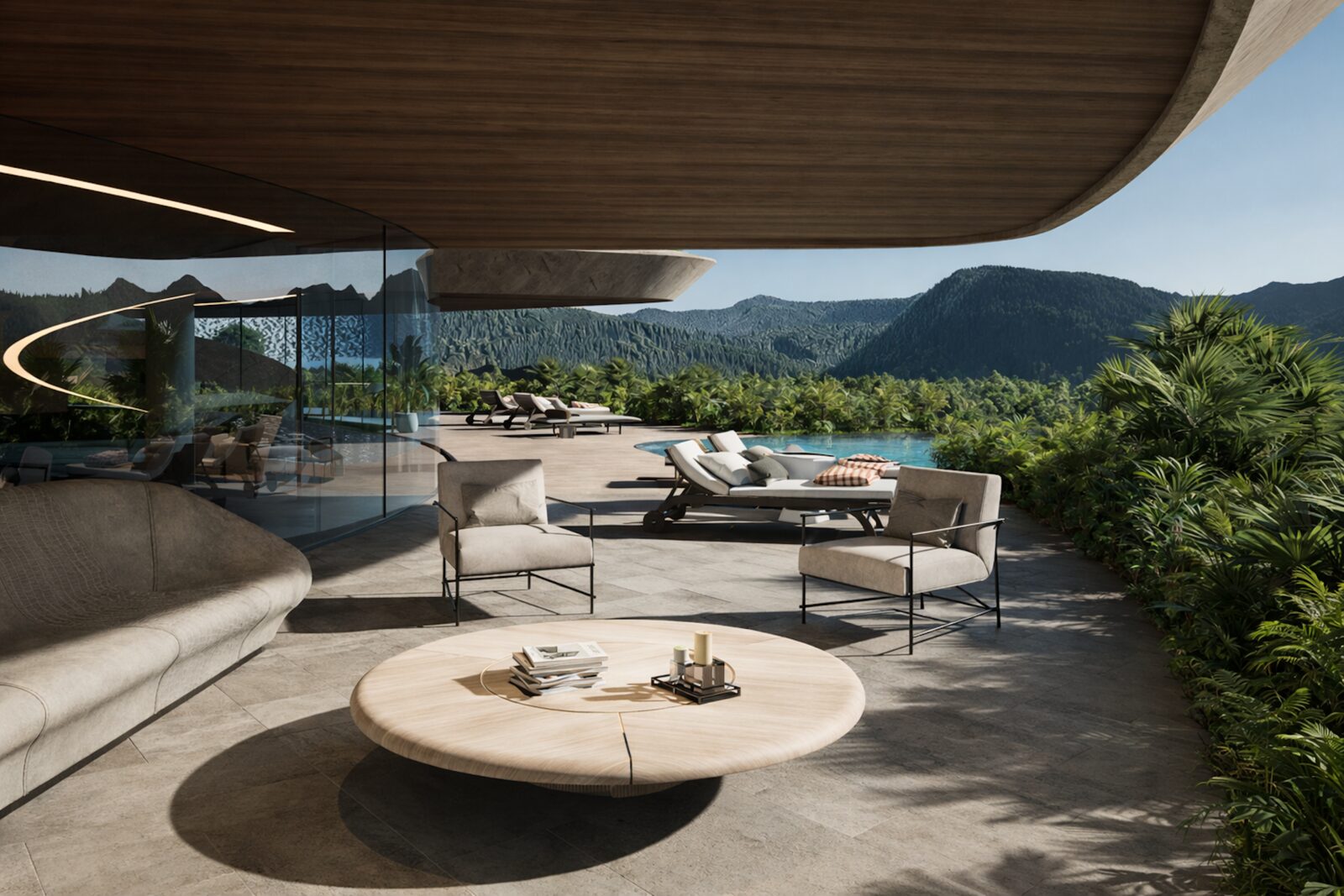 Terraza cubierta de Villa Horizonte con sillones, mesa redonda de madera y piscina con vistas a las montañas
