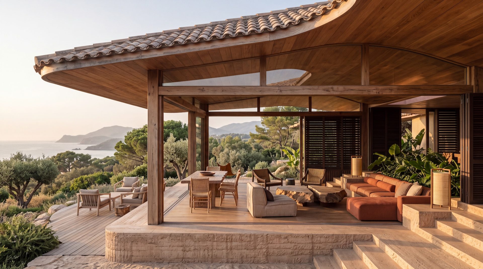 Render del porche de Villa Petra con techo de madera y cubierta de teja: salón con sofá terracota, mesas de tronco, comedor y vistas a la costa y al mar