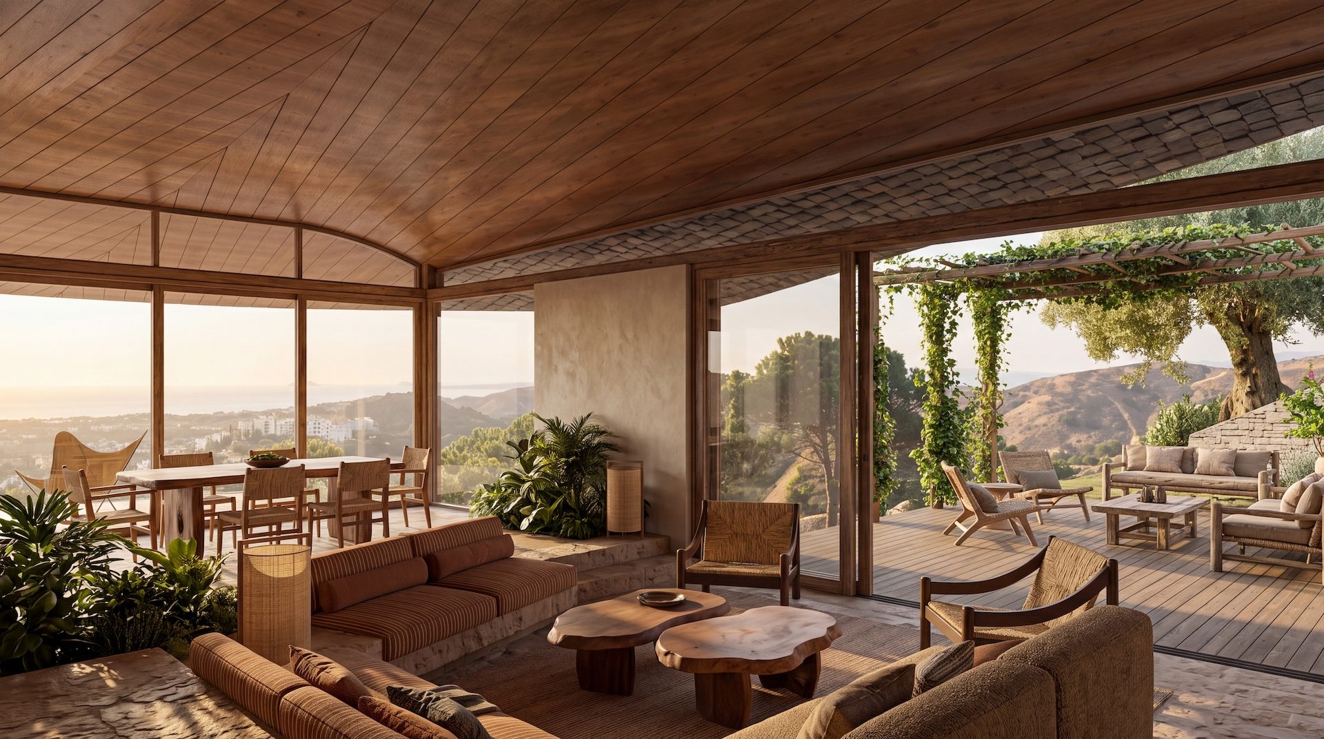 Render del salón interior de Villa Petra: techo abovedado de madera, sofás corridos, mesas de tronco y grandes ventanales abiertos a una terraza con pérgola y vistas al mar