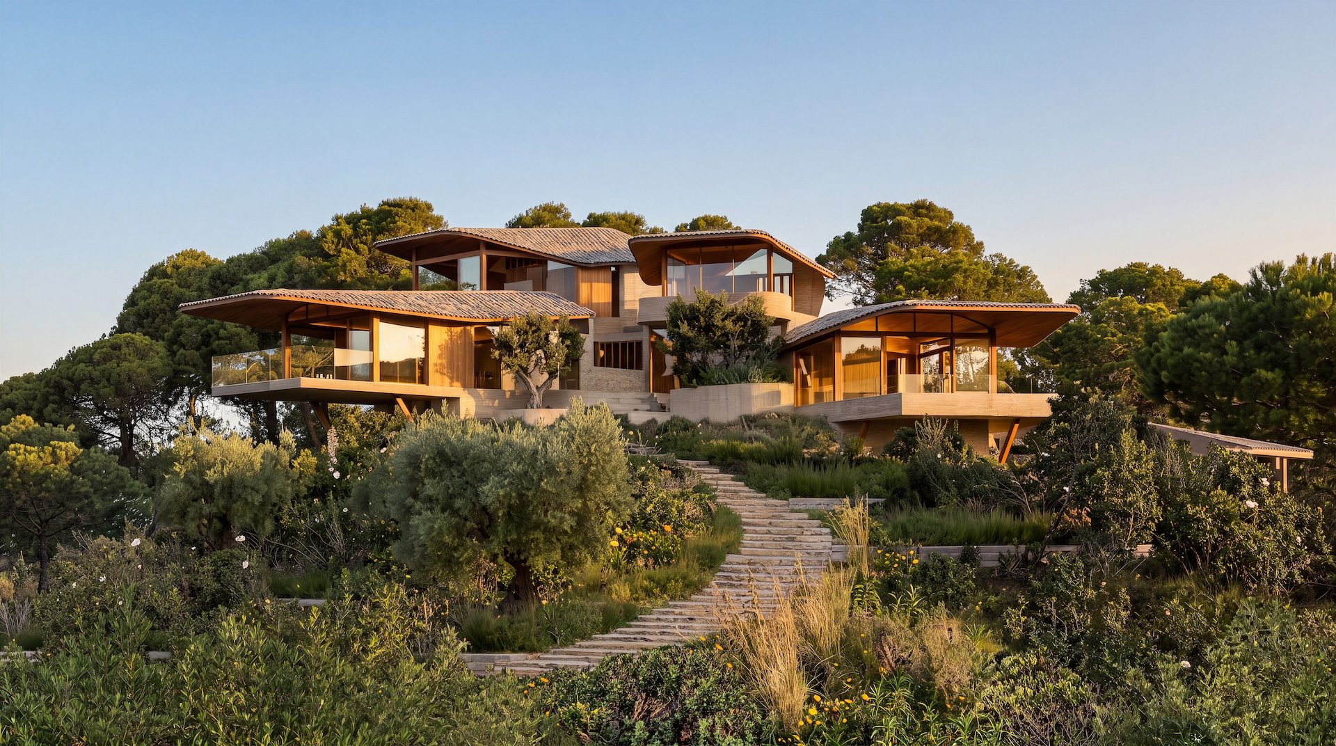 Render de Villa Petra en La Reserva de Alcuzcuz, Marbella, al atardecer: pabellones acristalados con cubiertas curvas de madera sobre bases de hormigón, entre pinos y olivos, con una escalera de piedra que sube por el jardín mediterráneo