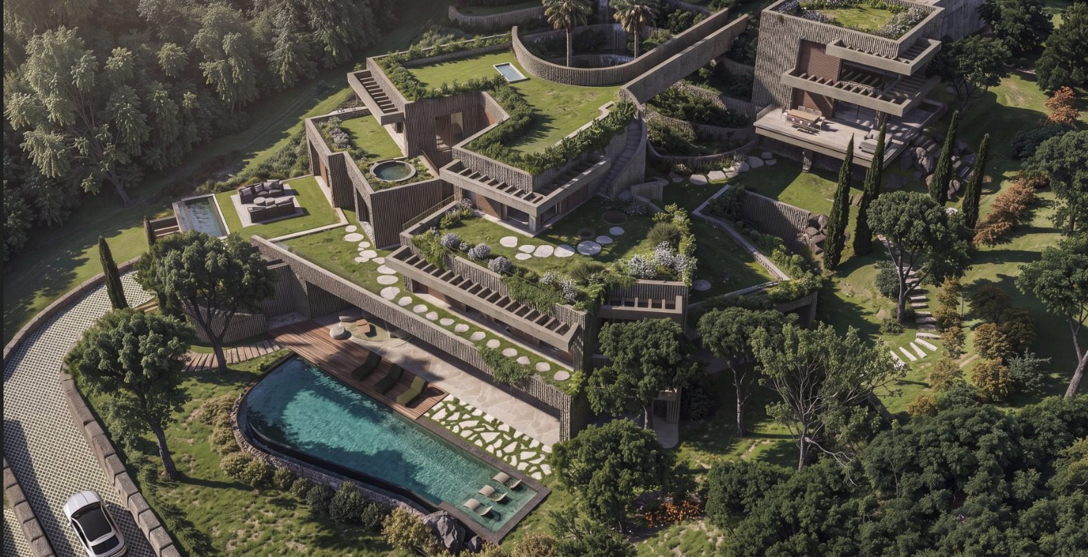 Vista aérea de Villa Petra en La Reserva de Alcuzcuz, Marbella, con cubiertas ajardinadas, piscina y pinos