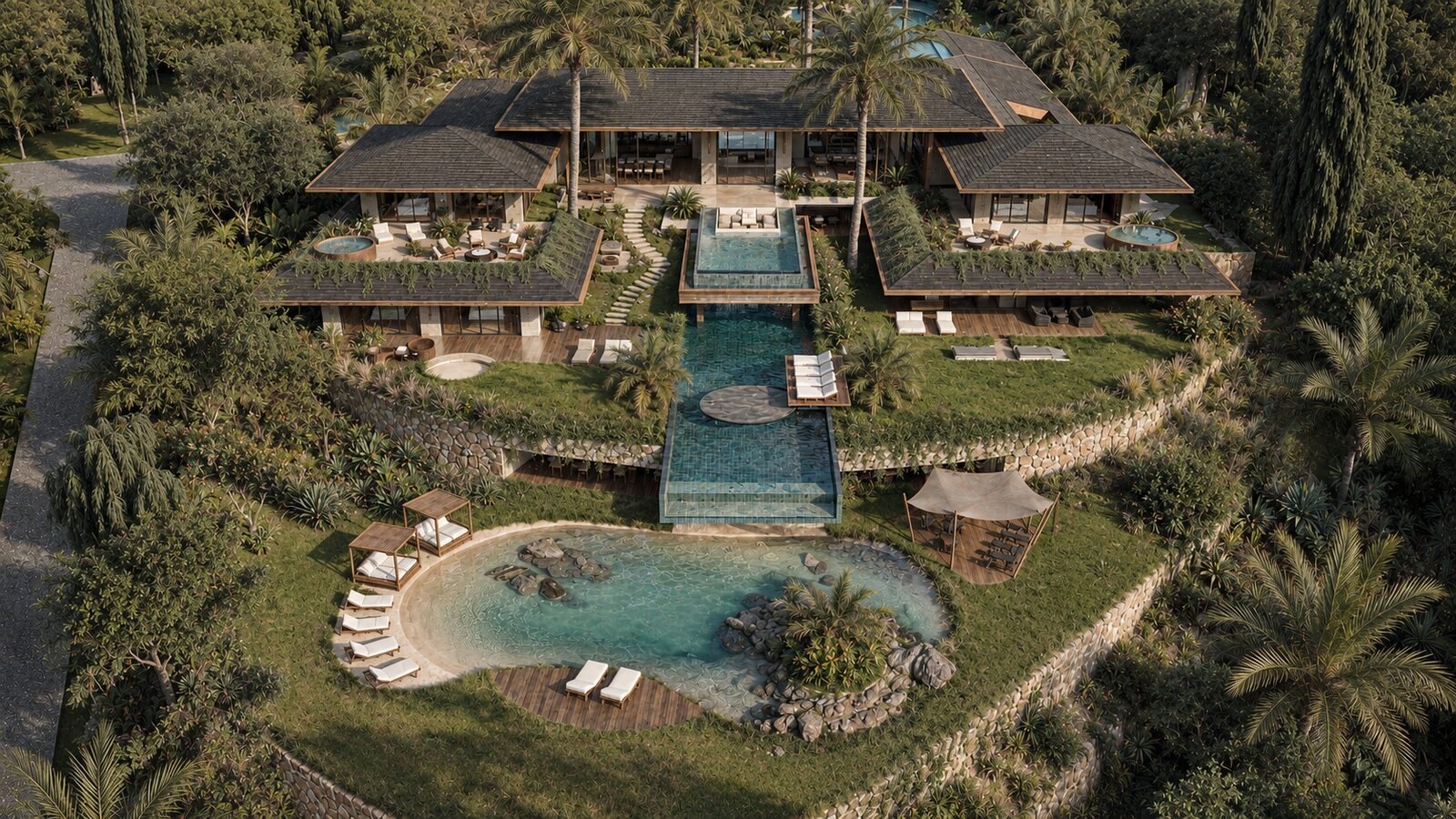 Villa Sulawesi 鸟瞰：瓦屋顶亭阁、石墙上的跌水泳池，以及带棕榈小岛的人工沙滩