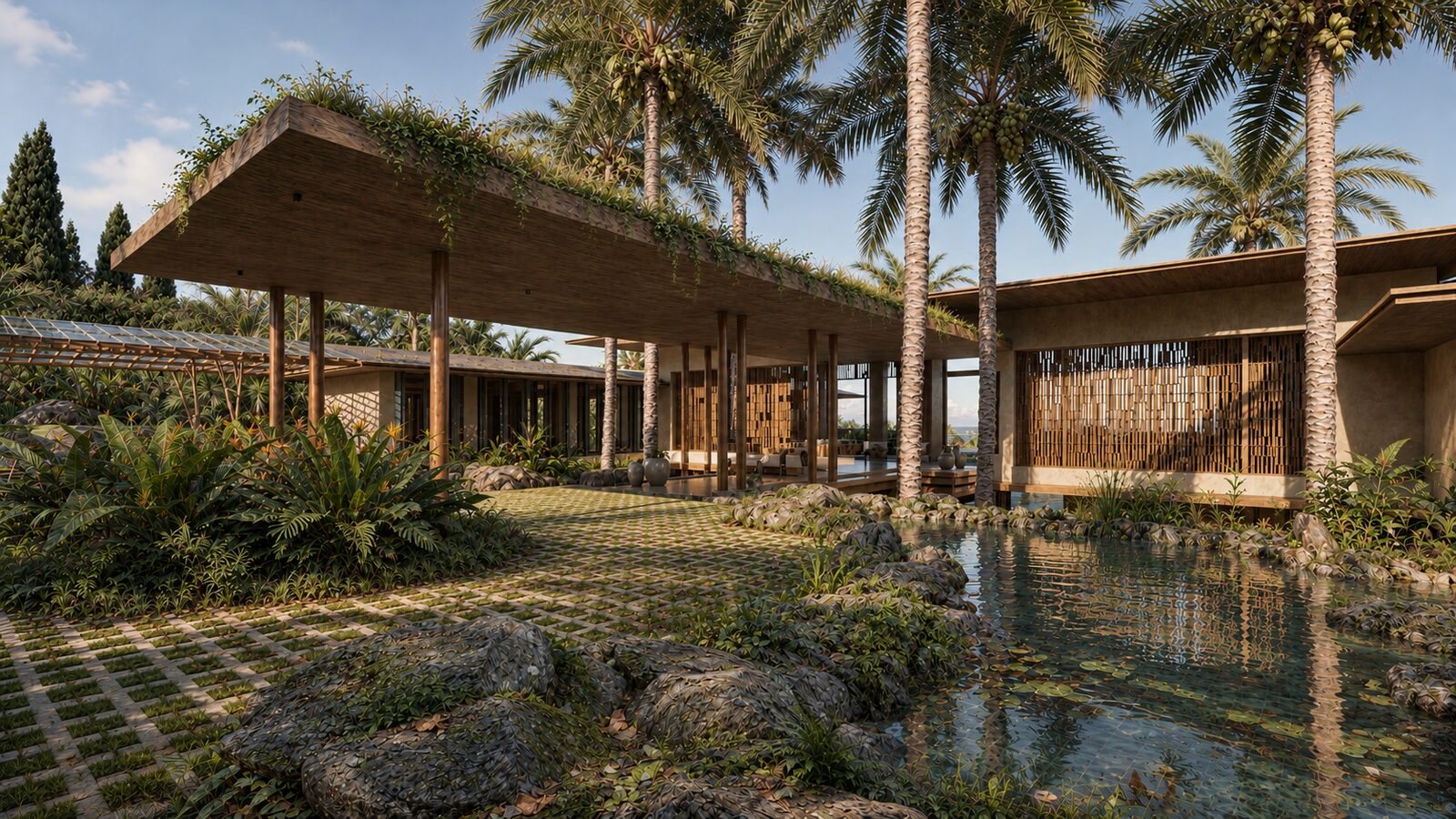 日落时分的 Villa Sulawesi 绿植顶棚、植草铺装、石砌水池与椰树间的柚木格栅