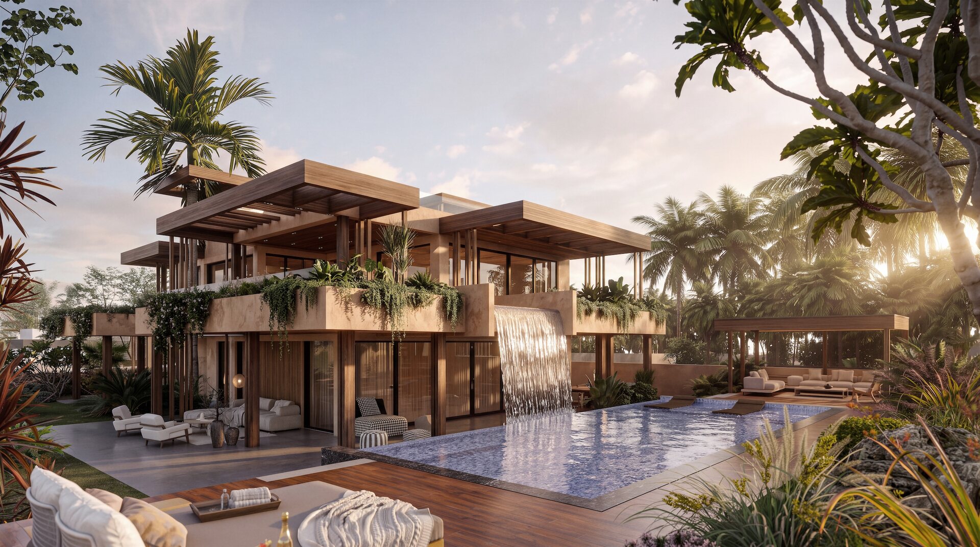 马贝拉 Guadalmina 的 Villa Tortuga：带屋顶绿化的住宅、流入泳池的瀑布与远处的海滩 · Archidom Studio