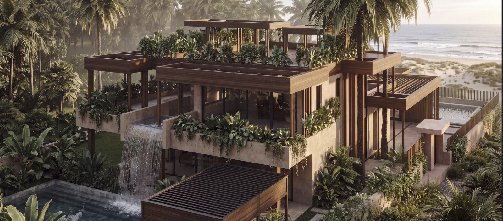 马贝拉 Guadalmina 的 Villa Tortuga：带屋顶绿化的住宅、流入泳池的瀑布与远处的海滩 · Archidom Studio